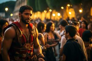 un calle ejecutante vestido como un romano gladiador un foto de un corredor corriendo mediante un ciudad parque ai generativo