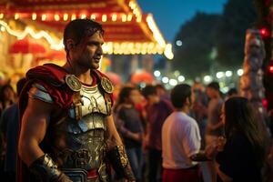 a street performer dressed as a Roman gladiator A photo of a runner sprinting through a city park AI Generative