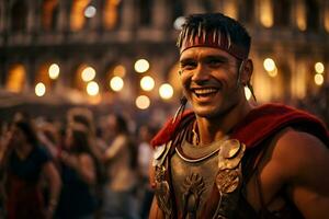 un calle ejecutante vestido como un romano gladiador un foto de un corredor corriendo mediante un ciudad parque ai generativo