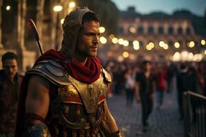 un calle ejecutante vestido como un romano gladiador un foto de un corredor corriendo mediante un ciudad parque ai generativo