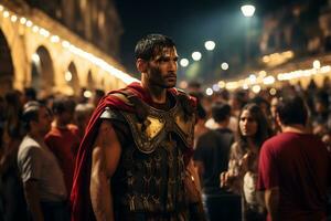 un calle ejecutante vestido como un romano gladiador un foto de un corredor corriendo mediante un ciudad parque ai generativo