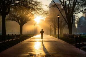 un foto de un corredor corriendo mediante un ciudad parque ai generativo