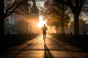 un foto de un corredor corriendo mediante un ciudad parque ai generativo