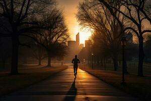 A photo of a runner sprinting through a city park AI Generative