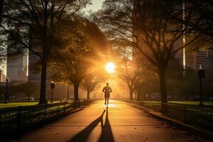 A photo of a runner sprinting through a city park AI Generative