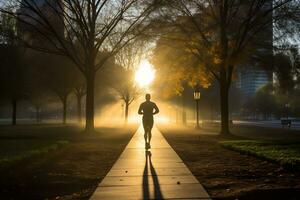 A photo of a runner sprinting through a city park AI Generative