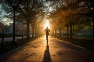 un foto de un corredor corriendo mediante un ciudad parque ai generativo