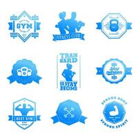 Fitness, gym vector logos, emblems, badges with barbells, dumbbells, athletes and bodybuilders, blue over white