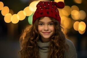 alegre niña disfrutando Navidad celebracion en invierno atuendo ai generativo foto