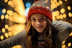 alegre niña disfrutando Navidad celebracion en invierno atuendo ai generativo foto