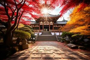 Kyoto temple adorned with vibrant autumn AI Generative photo