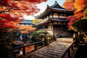 Kyoto temple adorned with vibrant autumn AI Generative photo