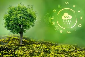 Sustainable business with the planet through renewable energy and green CO2 emissions, whereby using renewable energy can limit climate change and global warming. photo