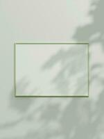 Minimal picture poster frame mockup on white wallpaper with leaf shadow photo