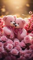 Couple teddy bears hugging flowers garden green grass, Valentine's day concept. Generative AI photo