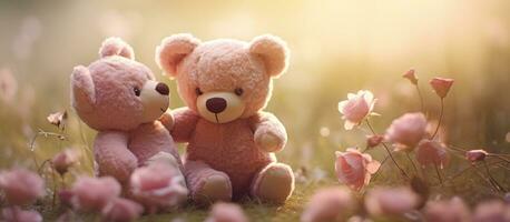 Couple teddy bears hugging flowers garden green grass, Valentine's day concept. Generative AI photo