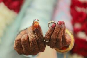 The bride and groom hands holding and showing wedding  Rings photo