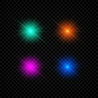 Light effect of lens flares. Set of four green, orange, purple and blue glowing lights starburst effects with sparkles on a dark background. Vector illustration