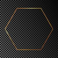 Gold glowing hexagon frame isolated on dark background. Shiny frame with glowing effects. Vector illustration.