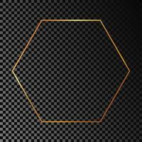 Gold glowing hexagon frame isolated on dark background. Shiny frame with glowing effects. Vector illustration.