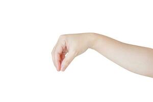 Woman hand gesture holding something isolated on white background photo