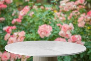 Empty marble table top with blur rose garden background for product display photo