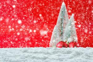 Empty white snow with blur Christmas tree background photo