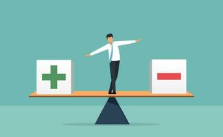 Pros and cons equilibrium in decision making under uncertainty, Plus and minus or positive and negative sign on blocks are in balance, businessman standing on seesaw with PLUS and MINUS symbol vector