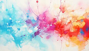Abstract painting of bright colors and bursting splashed all over a light paper background. Generative AI photo