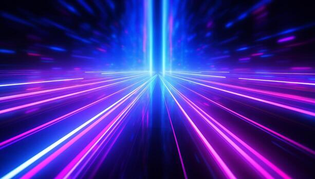 Abstract Modern neon light lines with high speed motion blur effect on dark background. Generative AI photo