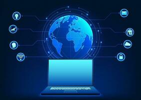 computadora tecnología en el espalda de un globo con conectado íconos eso representa un computadora usado a acceso datos y enviar eso alrededor el mundo. vector