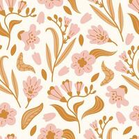 Freesia seamless pattern with golden flowers and leaves vector