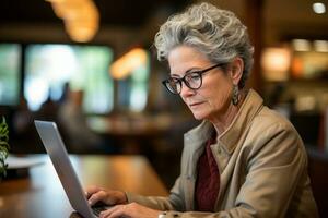 Senior woman sitting by the table and checking paper documentation, created with generative AI photo