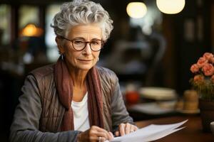 Senior woman sitting by the table and checking paper documentation, created with generative AI photo