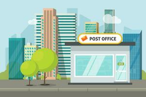 Post office on city street vector illustration, flat cartoon postoffice storage building, urban scene image