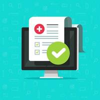 Medical form check list with results data and approved check mark online vector icon, flat cartoon computer and clinical checklist document report with checkbox, insurance or tele medicine