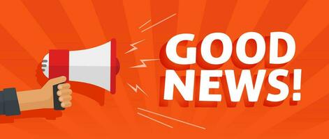 Good news information alert from hand with megaphone or loudspeaker vector illustration, flat cartoon announce notification banner horizontal sign image