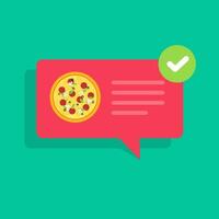 Pizza or food delivery or ready notification bubble speech vector icon, flat cartoon online or internet fast food order message image