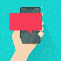 Message alert on mobile phone or empty bubble speech on cellphone for copy space vector illustration flat cartoon, comment notification or sms balloon on smartphone