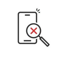 Cellphone or mobile phone inspection with magnifying glass and cross on screen vector icon, line outline art smartphone unsuccessful searching or device connection, bad exploration test pictogram