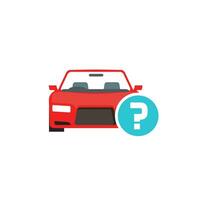 Car or automobile with question mark vector symbol, flat cartoon auto with doubt status icon isolated clipart