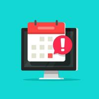 Calendar date alarm as deadline notification on computer screen vector symbol, flat cartoon event reminder scheduled on agenda icon isolated image