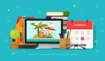 Travel or journey planning online vector illustration, flat cartoon office desk and resort on computer screen and tourist luggage and calendar date, vocation or holiday time schedule via internet