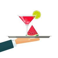 Waiter with tray, cocktail drink glass vector illustration with ice and watermelon slice isolated on white flat cartoon design, flat cartoon fruit red mixed beverage icon image