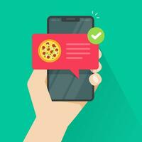 Phone with pizza on screen vector illustration, flat cartoon cellphone with food delivery notification, smartphone with bubble speech and tick image