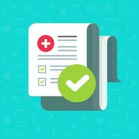 Medical form check list with results data and approved check mark vector icon, flat cartoon clinical checklist document with checkbox, insurance or medicine service concept image