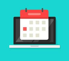 Calendar or agenda on laptop computer screen vector icon, flat cartoon online organizer app on pc display with event date reminder front view image