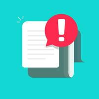 Document with alert or error notification bubble vector icon, flat cartoon long paper text file with exclamation message or comment symbol, caution or warning attention mark image