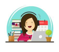 Happy person studying or working on desk on workplace via laptop vector, flat cartoon student or school girl sitting and learning on table with books, computer preparing to education exams, office vector