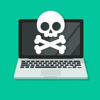 Computer virus or malware alert vector illustration, flat cartoon laptop damaged or spyware error on screen clipart